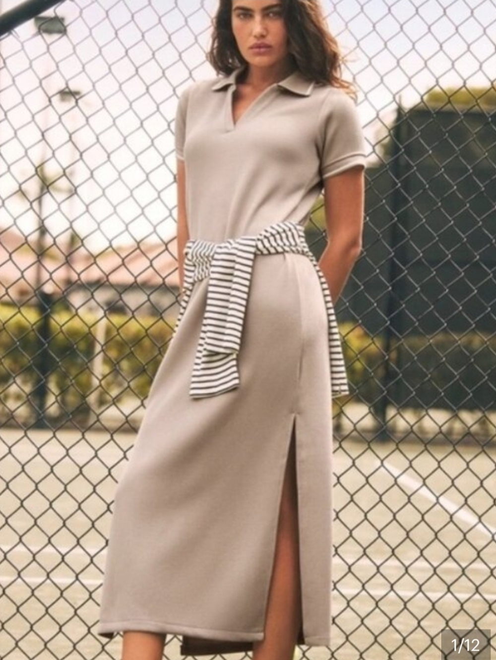 Spanx Air Essentials Pique Timeless Polo Athleisure Midi Dress Tan Sz M Preppy